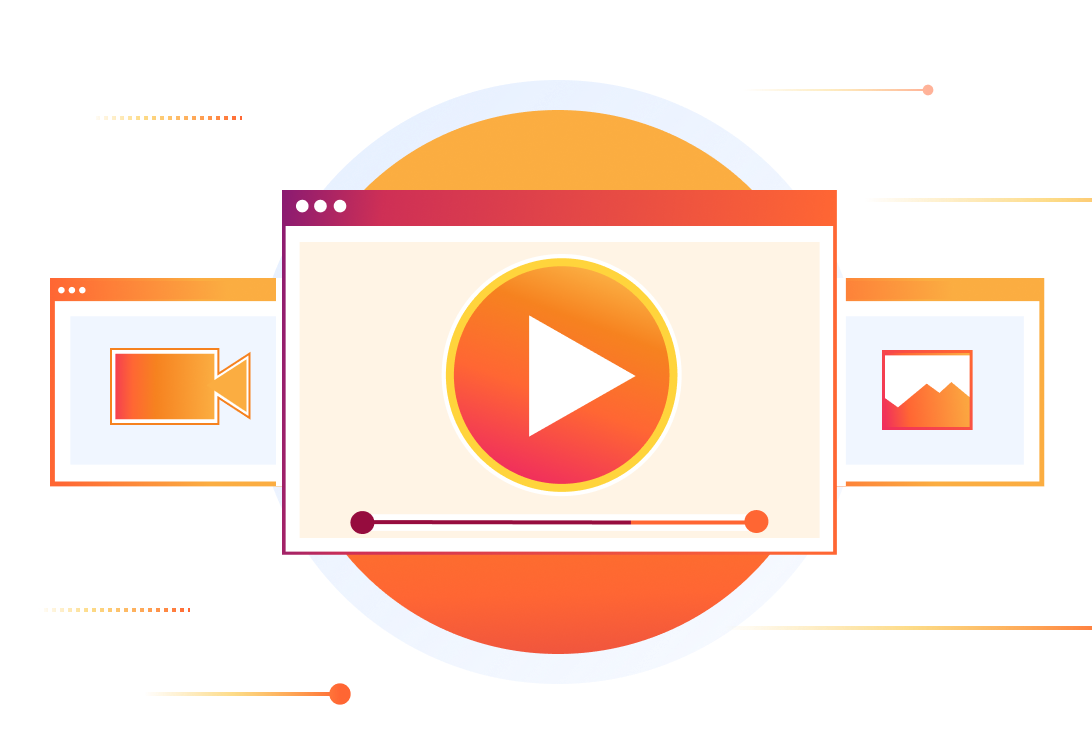 Illustrazione multimediale che mostra video, immagini e un lettore multimediale